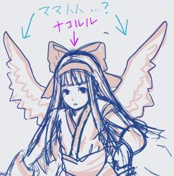 1girl ainu_clothes breasts fingerless_gloves gloves highres japanese_text looking_at_viewer mamahaha monochrome nakoruru parted_lips samurai_spirits serious sketch small_breasts snk the_king_of_fighters translated wings