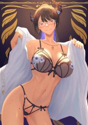 1girl asymmetrical_horns black_bra black_hair black_panties blue_hair bra breasts clothes_pull contrapposto cowboy_shot demon_horns earrings embroidered_bra glasses gold_necklace grin high_ponytail highres hololive hololive_english horns jewelry large_breasts lingerie long_hair looking_at_viewer mixed-language_commentary mole mole_on_thigh mole_under_eye multicolored_hair navel necklace nerissa_ravencroft nerissa_ravencroft_(casual) official_alternate_costume open_clothes open_shirt panties pawz212 ponytail red_eyes red_nails shirt shirt_pull smile stomach two-tone_hair underwear uneven_horns virtual_youtuber white_shirt
