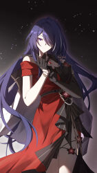1girl absurdres acheron_(honkai:_star_rail) acheron_(star_rail_live_2025)_(honkai:_star_rail) artist_name asymmetrical_gloves black_background black_gloves dress elbow_gloves gloves highres honkai:_star_rail honkai_(series) long_hair luyue purple_eyes purple_hair red_dress solo thighs uneven_gloves