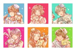 3boys 4girls animal_ears animification bow cookieann duffy_and_friends duffy_the_disney_bear gelatoni highres holding humanization linabell long_hair long_sleeves looking_at_viewer mizala multiple_boys multiple_girls olu_mel purple_eyes purple_hair rabbit_ears shelliemay shirt short_hair smile standing stellalou stuffed_animal stuffed_toy