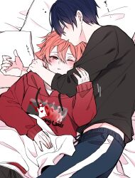 2boys ace_trappola arm_around_neck bed bed_sheet black_shirt blue_hair blush commentary_request cuddling deuce_spade drawstring feet_out_of_frame fingernails hair_between_eyes hand_on_another&#039;s_arm highres hood hoodie long_sleeves looking_at_viewer lying male_focus midriff_peek mofu_twst multiple_boys on_back on_side one_eye_closed orange_hair pants parted_bangs parted_lips pillow print_hoodie red_eyes red_hoodie shirt short_hair sleeping squeans striped_clothes striped_pants twisted_wonderland vertical-striped_clothes vertical-striped_pants yaoi