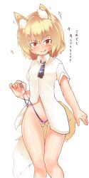 1girl animal_ear_fluff animal_ears black_necktie black_panties blonde_hair blush breasts closed_mouth collared_shirt commentary_request cookie_(touhou) fang fang_out feet_out_of_frame fox_ears fox_girl fox_tail highres looking_at_viewer medium_breasts miramikaru_riran necktie no_pants panties panty_pull partially_visible_vulva red_eyes shirt short_hair simple_background smile solo standing tail translation_request underwear unimamo white_background white_shirt