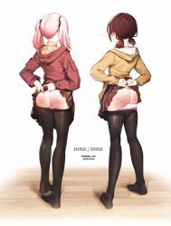 Rule 34 | absurdres, black-framed eyewear, black pantyhose, brown hair, brown hoodie, chinese commentary, clothes lift, clothes pull, commentary request, fireball 666, from behind, full body, girls band cry, glasses, highres, hina (girls band cry), hood, hood down, hoodie, iseri nina, lifting own clothes, panties, panty pull, pantyhose, pantyhose pull, pink hair, pink panties, plaid clothes, plaid skirt, red skirt, short twintails, skirt, skirt lift, spanked, standing, sweater, turtleneck, turtleneck sweater, twintails, underwear, white panties, yellow sweater
