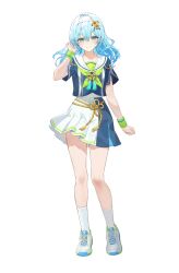 Rule 34 | 1girl, blue eyes, blue hair, blue skirt, closed mouth, flower, full body, green neckerchief, hair between eyes, hair flower, hair ornament, hairband, highres, multicolored shirt, multicolored skirt, neckerchief, official art, onsen musume, sailor collar, shirako himari, shoes, simple background, skirt, smile, sneakers, socks, solo, standing, tassel, teffish, transparent background, white hairband, white sailor collar, white shoes, white skirt, white socks, yellow flower