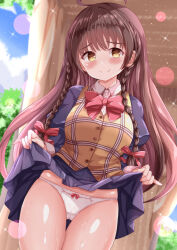 1girl black_jacket black_skirt blazer blue_sky braid brown_eyes brown_hair closed_mouth clothes_lift cloud collared_shirt commission day hair_ribbon highres jacket leaf lifting_own_clothes long_hair looking_at_viewer outdoors panties pixiv_commission ribbon sakaki_karen school shirt sidelocks sister_princess skirt skirt_lift sky smile solo standing thighs tree twin_braids underwear very_long_hair vest white_panties white_shirt xenon_(for_achieve) yellow_vest