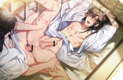 2boys alternate_costume anal arms_up bar_censor bare_pectorals bathrobe bite_mark black_hair blush bottomless bound bound_wrists brown_eyes brown_hair censored chinese_clothes collarbone cum cum_in_ass from_above hair_ribbon hands_on_another&#039;s_thighs hanfu hickey highres indoors jujeop lan_wangji leg_grab long_hair lying male_focus missionary modao_zushi mosaic_censoring multiple_boys navel nipples on_back on_bed one_eye_closed open_clothes open_mouth open_robe pectorals penis ponytail red_ribbon ribbon robe saliva sex sidelocks sitting spread_legs sweat tears testicles wei_wuxian white_robe wince yaoi
