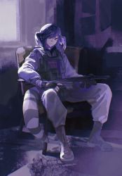 1girl asymmetrical_arms black_gloves blue_eyes braid bulletproof_vest clothes_writing commentary dragon_tail english_commentary gloves gun head_wings heterochromia highres holding holding_gun holding_weapon long_sleeves looking_at_viewer medium_hair mockingbird0009 nijisanji nijisanji_en pointy_ears purple_eyes purple_hair purple_theme purple_wings selen_tatsuki sitting solo tail twin_braids virtual_youtuber weapon wings