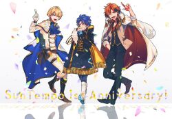 3boys :d ;d adjusting_clothes anniversary aqua_eyes ascot astel_leda black_boots black_hair black_pants black_poncho black_shirt black_shoes blonde_hair blue_ascot blue_cape blue_eyes blue_hair blue_pants boots brown_sash buttons cape coat collarbone collared_jacket colored_shoe_soles confetti cuff_links curtained_hair double-breasted earrings fangs fold-over_boots fringe_trim full_body fur-trimmed_coat fur_trim gloves grey_jacket grin group_name hair_between_eyes hand_in_pocket holostars index_finger_raised jacket jewelry kishido_temma knee_boots lapel_pin long_sleeves looking_at_viewer male_focus mole mole_under_eye multicolored_hair multicolored_jacket multiple_boys nad0_55 neck_ribbon one_eye_closed open_clothes open_jacket open_mouth orange_coat orange_hair orange_ribbon pants poncho popped_collar purple_eyes reflective_floor ribbon shirt shoes short_hair sleeve_cuffs sleeves_rolled_up smile standing standing_on_one_leg streaked_hair suntempo thigh_strap two-sided_cape two-sided_coat two-sided_fabric two-tone_jacket undone_neck_ribbon virtual_youtuber white_background white_boots white_cape white_coat white_gloves white_jacket white_pants yukoku_roberu
