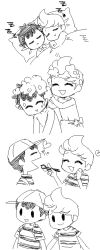 4koma artist_request bad_tag bathing bed black_hair cat_mouth child comic eating food hat heart holding_hands lucas_(mother_3) mother_(series) mother_2 mother_3 naked_towel ness_(mother_2) nintendo nude on_bed pajamas pillow shirt shota sleeping smile striped_clothes striped_shirt super_smash_bros. sushi towel washing_another&#039;s_hair washing_hair yaoi