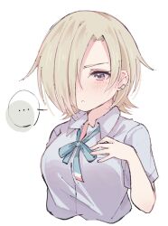 Rule 34 | ..., 1girl, :&lt;, blonde hair, blue ribbon, breasts, collared shirt, cropped torso, earrings, hair over one eye, highres, jewelry, looking at viewer, love live!, love live! nijigasaki high school idol club, medium breasts, mia taylor, neck ribbon, notyu maru, one eye covered, purple eyes, ribbon, shirt, short hair, short sleeves, solo, spoken ellipsis, summer uniform, upper body, white background, white shirt