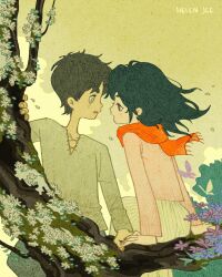 1boy 1girl artist_name black_hair blue_flower brown_eyes brown_hair bug butterfly cardigan child couple dress eren_yeager feet_out_of_frame flower grey_eyes grey_pants grey_shirt helen_jee hetero highres holding_hands in_tree insect long_hair looking_at_another mikasa_ackerman open_mouth outdoors pants parted_bangs parted_lips pink_cardigan purple_butterfly purple_flower red_scarf scarf shingeki_no_kyojin shirt short_hair smile tree white_dress white_flower