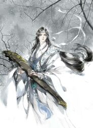 1boy alternate_hairstyle bare_tree black_hair branch chinese_clothes closed_mouth faux_traditional_media guqin hair_ribbon hanfu headband holding holding_instrument ink_wash_painting instrument kcllzas163 lan_wangji long_hair long_sleeves looking_at_viewer low-tied_long_hair male_focus modao_zushi music outdoors playing_instrument ribbon robe sleeves_past_wrists snow snowing solo standing tassel third-party_source tree very_long_hair white_hanfu white_headband white_ribbon wide_sleeves yaopei yellow_eyes