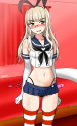 1girl absurdres bed black-framed_eyewear black_hairband black_neckerchief black_panties blonde_hair blue_sailor_collar blush breasts condom condom_wrapper cosplay crop_top dildo elbow_gloves glasses gloves green_eyes hairband hama_(zarulzaharudin) highleg highleg_panties highres horizontal-striped_thighhighs kantai_collection long_hair microskirt navel neckerchief nose_blush panties perrine_h._clostermann sailor_collar sex_toy shimakaze_(kancolle) shimakaze_(kancolle)_(cosplay) skirt small_breasts solo standing strike_witches striped_clothes striped_thighhighs textless_version thighhighs thong underwear vibrator white_gloves world_witches_series yellow_eyes