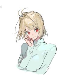 antenna_hair arcueid_brunestud blonde_hair hair_between_eyes hair_intakes hand_on_own_face long_sleeves looking_at_viewer qyzhiaiyisheng red_eyes short_hair simple_background smile solo sweater tsukihime turtleneck turtleneck_sweater