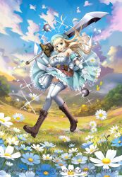 1girl absurdres aqua_eyes aqua_hat blonde_hair bomb boots breasts brown_boots cleavage copyright_notice detached_collar explosive field flower flower_field gloves greatsword hair_ornament hairclip hat highres hobbyjapan huge_weapon large_breasts looking_at_viewer marvelous official_art open_mouth queen&#039;s_blade queen&#039;s_blade_unlimited ribbon-trimmed_collar ribbon-trimmed_gloves ribbon_trim senran_kagura shuriken smile solo sunset sword thighhighs weapon white_gloves white_thighhighs yomi_(senran_kagura)