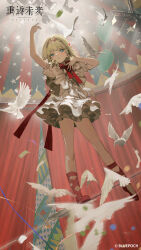 1girl absurdres arm_up balancing ballet_slippers bird blonde_hair blue_eyes bow bowtie braid braided_bangs circus confetti copyright_name copyright_notice curtains dove dress frilled_dress frills from_below full_body hands_up highres indoors kiperina layered_dress leg_ribbon logo long_hair looking_to_the_side official_art official_wallpaper puffy_short_sleeves puffy_sleeves red_bow red_bowtie red_ribbon red_shoes reverse:1999 ribbon shoes short_dress short_sleeves solo spotlight stage_curtains streamers tightrope truss white_bird white_dress