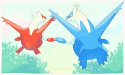 :d animated blinking border closed_mouth day eye_contact floating from_behind gen_3_pokemon holding_hands latias latios legendary_pokemon looking_at_another nintendo no_humans open_mouth outdoors pokemon pokemon_(creature) smile tagme torinoko_(miiko_draw) video white_border