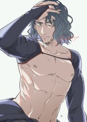 Rule 34 | 1boy, bridal gauntlets, brown eyes, cibamatoxins, commentary request, fate/grand order, fate (series), grey hair, hand in own hair, hand on own head, highres, male focus, medium hair, pectorals, saitou hajime (fate), saitou hajime (third ascension) (fate), signature, solo, sweat, upper body