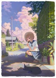 1girl absurdres bamboo_fence black_socks blue_eyes blue_sailor_collar blue_skirt blue_sky building cat cloud cumulonimbus_cloud eating feel_(nasitaki) fence food food_in_mouth highres holding holding_food holding_popsicle house kneehighs light_brown_hair original outdoors plant popsicle popsicle_in_mouth potted_plant power_lines sailor_collar school_uniform serafuku short_hair skirt sky socks solo squatting urban utility_pole