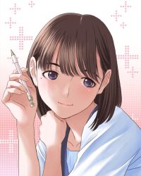 1girl anegasaki_nene blue_sailor_collar blush brown_hair clenched_hand closed_mouth collarbone gradient_background hands_up highres holding holding_pen looking_to_the_side love_plus medium_hair mole mole_under_eye official_art pen pink_background plus_sign portrait purple_eyes sailor_collar school_uniform serafuku solo white_background