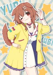 1girl :3 amari_(ama_shiiiiiiba) animal_collar animal_ears belt_collar bone_hair_ornament braid breasts brown_eyes brown_hair buttons collar dog_ears dog_girl dog_tail double-parted_bangs dress hair_ornament hairclip hand_on_own_hip highres hololive inugami_korone inugami_korone_(1st_costume) jacket large_breasts long_hair looking_at_viewer low_twin_braids low_twintails ok_sign open_clothes open_jacket red_collar short_dress sleeveless sleeveless_dress solo sunburst sunburst_background tail twin_braids twintails virtual_youtuber white_dress wristband yellow_jacket