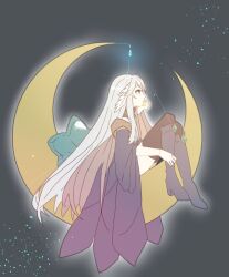 1girl arcane_master_(ragnarok_masters) black_coat black_thighhighs boots closed_mouth coat commentary_request datenshi_no_fu feathered_wings full_body grey_background grey_boots grey_hair head_wings long_hair on_crescent ragnarok_masters ragnarok_online red_eyes smile solo thighhighs very_long_hair white_wings wings