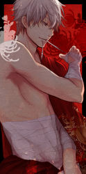 1boy arima_(iro_rabbit) chrysanthemum_print floral_print flower gintama hand_wraps highres male_focus mouth_hold red_eyes sakata_gintoki sarashi solo spider_lily white_hair