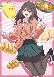 1girl 1other black_hair black_pantyhose blush bread brown_eyes cardigan commentary_request food food-themed_background fork fried_rice green_skirt harrybyharry hibi_wa_sugiredo_meshi_umashi highres holding holding_fork holding_spoon jumping kawai_mako long_hair mascot melon_bread mokotarou_(hibimeshi) open_mouth pancake pantyhose pink_cardigan pleated_skirt sandwich shoes skirt smile solo_focus spoon