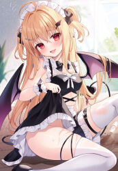 1girl :d alternate_costume bat_wings belt black_bow black_bowtie black_dress black_ribbon blonde_hair bow bowtie breasts cleavage cleavage_cutout clothes_lift clothing_cutout commentary_request cup demon_girl demon_tail detached_collar dress dress_lift drinking_glass earrings enmaided fang hair_ornament highres indoors jewelry leg_ribbon long_hair looking_at_viewer maid maid_headdress miy@ no_panties open_mouth original pointy_ears red_eyes ribbon sitting sleeveless sleeveless_dress small_breasts smile solo spill tail thigh_belt thigh_strap thighhighs thighs water white_thighhighs wing_hair_ornament wings wrist_cuffs