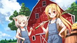 2girls :d ahoge alternate_costume ame. animal_ears azur_lane barn barrel bird blonde_hair blue_sky blush building carrot_hair_ornament cleveland_(azur_lane) cloud cloudy_sky commentary_request day dutch_angle farmer fingernails food-themed_hair_ornament hair_between_eyes hair_ornament hand_on_own_hip hand_up holding holding_pitchfork long_hair montpelier_(azur_lane) multiple_girls one_side_up open_mouth outdoors over_shoulder overalls parted_lips pitchfork red_eyes round_teeth shirt silver_hair sky smile teeth tree upper_teeth_only v-shaped_eyebrows very_long_hair white_shirt window