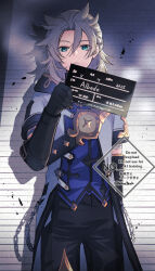 against_wall albedo_(genshin_impact) black_gloves blonde_hair blue_eyes blue_shirt braid card chain coat genshin_impact gloves hair_between_eyes half_up_half_down_braid height_chart highres holding holding_card holding_sign hood hood_down hooded_coat kinatsu_k male_focus mugshot nameplate open_mouth shirt short_sleeves sign solo watermark white_coat