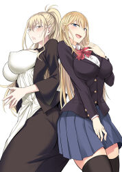 Rule 34 | 2girls, black skrit, black socks, blonde hair, bow, mother and daughter, multiple girls, ponytail, red bow, socks