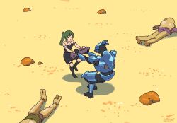 1girl 1other alien armor black_dress black_footwear black_hair boots choker crossover desert dress green_hair halo_(series) highres kanokoga knee_boots rock sangheili side_ponytail sousou_no_frieren standing standing_on_one_leg thigh_strap tug_of_war ubel_(sousou_no_frieren)