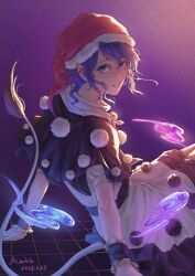 Rule 34 | 1girl, 320tbsyc, artist name, black capelet, black dress, blue eyes, blue hair, capelet, dated, doremy sweet, dress, hat, highres, looking at viewer, looking to the side, ox tail, purple background, santa hat, short sleeves, sitting, smile, solo, teeth, touhou, two-tone dress, white dress, wrist cuffs