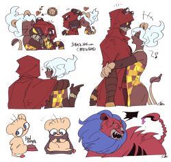 &gt;_&lt; 2girls :3 animal_ears cape chimera closed_eyes colored_sclera dress floating_hair force_(4sk_force) hood hooded_cape hug king_of_greed lion lion_ears little_red_riding_hooded_mercenary lobotomy_corporation long_hair multiple_girls open_mouth project_moon red_cape red_eyes scaredy_cat_(project_moon) sharp_teeth side_slit simple_background smile teeth white_background white_hair wide-eyed yellow_dress yellow_sclera