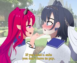 blush blush_stickers cape chain enigmatic_recollection fang highres hololive hololive_english horns irys_(hololive) irys_(irys_2.0)_(hololive) long_hair looking_at_another nommny nose_blush open_mouth ouro_kronii outdoors pointy_ears seductive_smile smile steam subtitled sweatdrop