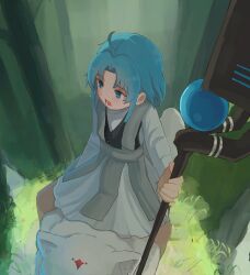 Rule 34 | 1girl, blue eyes, blue hair, daimaou cc, dog, dress, grass, highres, holding, holding staff, lara greyrat, leo (mushoku tensei), mage staff, mushoku tensei, riding, staff, tree, white dress