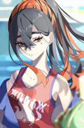 1girl bare_shoulders black_hair blue_jacket blurry blurry_background carmine_(pokemon) collarbone crossed_bangs hair_between_eyes highres jacket jacket_partially_removed long_hair looking_at_viewer mole mole_under_eye multicolored_hair ninkou_tan nintendo pokemon pokemon_(creature) pokemon_sv ponytail red_hair red_shirt shirt sinistcha sleeveless sleeveless_shirt two-tone_hair upper_body yellow_eyes