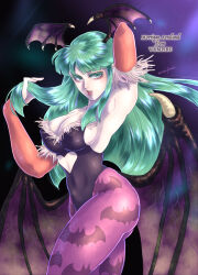 Rule 34 | 1girl, angie (kani-ga-tobuna), animal print, arm up, armpits, arms up, artist name, bat print, bat wings, black leotard, breasts, character name, cleavage, clothing cutout, copyright name, demon girl, fur-trimmed leotard, fur trim, green eyes, green hair, hand in own hair, head wings, heart cutout, highres, large breasts, leotard, lipstick, long hair, low wings, makeup, morrigan aensland, night, outdoors, pale skin, pantyhose, print pantyhose, purple pantyhose, solo, standing, darkstalkers, wings