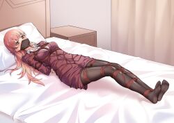 1girl absurdres arms_behind_back bdsm bed bed_sheet bedroom between_breasts between_legs between_thighs black_pantyhose black_shoes blush bondage bound bound_arms bound_breasts bound_legs bound_torso bow breast_bondage breasts brown_eyes clenched_hand cloth_gag clothes_lift collared_jacket collared_shirt commission crotch_rope curtains embarrassed female_focus gag gagged hair_ornament hair_ribbon high_heels highres improvised_gag indoors jacket legs_together long_hair looking_at_viewer looking_to_the_side looking_up medium_breasts momose_narumi nightstand office_lady otaku_ni_koi_wa_muzukashii over_the_nose_gag pantyhose perky_breasts pink_bow pink_hair pixiv_commission red_jacket red_rope red_skirt ribbon rope shibari shibari_over_clothes shirt shoes sidelocks skirt skirt_lift solo surprised t_zhonglang white_bed white_shirt