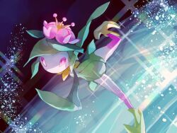 1girl boots colored_skin flower full_body fusenryo green_hair green_skin hair_flower hair_ornament hisuian_lilligant looking_at_viewer monster_girl multicolored_skin nintendo no_mouth pink_eyes pink_flower pink_skin plant_girl pokemon pokemon_(creature) short_hair sidelocks simple_background solo standing two-tone_skin white_skin yellow_boots