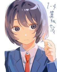 1girl alternate_hair_length alternate_hairstyle black_eyes black_hair blazer blue_jacket bob_cut character_name class_number closed_mouth collared_shirt commentary_request flipped_sidelocks futsuu_no_keion-bu hand_up inward_flipped_hair jacket kameya_san lapels long_sleeves mole mole_on_cheek mole_under_eye mole_under_mouth necktie notched_lapels red_necktie renren_9240 shirt short_hair simple_background solo swept_bangs upper_body white_background winter_uniform
