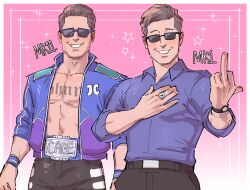 Rule 34 | abs, arms up, belt, belt buckle, black belt, black pants, border, brown hair, buckle, chest tattoo, collared jacket, commentary, cowboy shot, dual persona, english commentary, grin, hand on own chest, highres, jacket, jewelry, johnny cage, kalamari, male focus, middle finger, mortal kombat (series), mortal kombat 11, mortal kombat 1 (2023), open clothes, open jacket, pants, pectorals, ring, short hair, smile, sparkle, star (symbol), sunglasses, tattoo, teeth, watch, white border, wristband, wristwatch