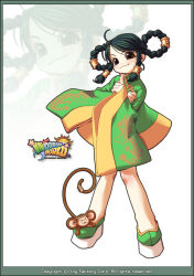 Rule 34 | 1girl, ahoge, arrow (symbol), blush, border, braid, brown eyes, chin-mei, china dress, chinese clothes, circlet, closed mouth, collared dress, copyright name, copyright notice, crescent moon, dragon print, dress, dual persona, english text, gold circlet, gold hair tie, green border, green shoes, green sleeves, hair rings, half updo, in dream world, logo, long tail, looking at viewer, low-tied sidelocks, mandarin collar, monkey, monkey tail, moon, official art, parted lips, platform shoes, popcorn kang, print sleeves, projected inset, ring hair ornament, second-party source, shoes, short dress, sidelocks, smile, star (symbol), sun, tail, tail ornament, twin braids, wide sleeves, yellow trim