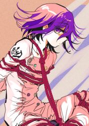 1boy arms_behind_back bound buttons collarbone commentary_request danganronpa_(series) danganronpa_v3:_killing_harmony flipped_hair from_side glaring hair_between_eyes long_sleeves looking_at_viewer male_focus medium_hair multicolored_buttons no_scarf oma_kokichi pants profile purple_eyes purple_hair red_rope rope scarf shibari simple_background sitting solo suzuko_(katahaba_v3)