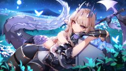 absurdres armor artist_name black_sleeves blonde_hair blue_flower bug butterfly commission detached_sleeves flower gauntlets highres horns indie_virtual_youtuber insect long_hair maowri_(vtuber) meadow night night_sky pantyhose purple_eyes scythe single_detached_sleeve single_gauntlet sky symbol-shaped_pupils tail thigh_strap twitter_username virtual_youtuber weapon weiic
