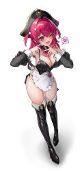 1girl absurdres apron ascot bikini black_bikini black_boots black_collar black_corset black_hat black_sleeves black_thighhighs blush boots breasts cleavage collar commentary corset cutlass detached_collar detached_sleeves fang fingernails frilled_apron frills full_body goddess_of_victory:_nikke hair_intakes hair_ornament hairclip hat hat_ornament heart heart_hands highres large_breasts long_hair long_sleeves looking_at_viewer maid_apron mast_(nikke) mast_(romantic_maid)_(nikke) nail_polish navel navel_peek one_eye_closed open_mouth pink_eyes pink_hair pink_nails pirate_hat red_ascot revision sagle side-tie_bikini_bottom signature simple_background skin_fang skull_collar skull_hair_ornament skull_hat_ornament smile solo spoken_expression spoken_heart swimsuit thigh_boots thighhighs thighs two_side_up waist_apron white_apron white_background white_wrist_cuffs wrist_cuffs