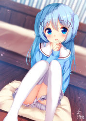 1girl :d bed blue_eyes blue_hair blue_shirt blurry blurry_background blush chinomaron commentary_request covering_privates covering_crotch cushion depth_of_field dutch_angle feet_out_of_frame gochuumon_wa_usagi_desu_ka? hair_between_eyes hair_ornament hand_up highres kafuu_chino long_hair long_sleeves looking_at_viewer open_mouth panties pleated_skirt sailor_collar school_uniform serafuku shirt signature sitting skirt sleeves_past_wrists smile solo thighhighs two_side_up underwear very_long_hair white_panties white_sailor_collar white_skirt white_thighhighs wooden_floor x_hair_ornament zabuton