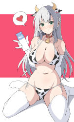 1girl animal_ears animal_print arms_behind_back bell bikini bottle breasts closed_mouth collar cow_ears cow_horns cow_print flower green_eyes grey_hair hair_flower hair_ornament heart highres holding holding_bottle hololive horns large_breasts long_hair looking_at_viewer milk_bottle navel neck_bell nel-c no_shoes print_bikini red_collar shirogane_noel side-tie_bikini_bottom sitting skindentation smile solo spoken_heart stomach swimsuit thighhighs thighs virtual_youtuber wariza white_thighhighs