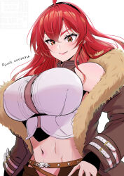 Rule 34 | 1girl, acesaru, aged up, ahoge, bare shoulders, black hairband, breasts, brown jacket, brown shorts, closed mouth, commentary request, covered erect nipples, cowboy shot, crop top, crossed bangs, eris greyrat, fur-trimmed jacket, fur trim, hair between eyes, hairband, jacket, large breasts, long hair, long sleeves, looking at viewer, midriff, mushoku tensei, navel, off shoulder, red eyes, red hair, shirt, shorts, sidelocks, simple background, sleeveless, sleeveless shirt, smile, solo, standing, thick eyebrows, twitter username, underbust, very long hair, watermark, white background, white shirt